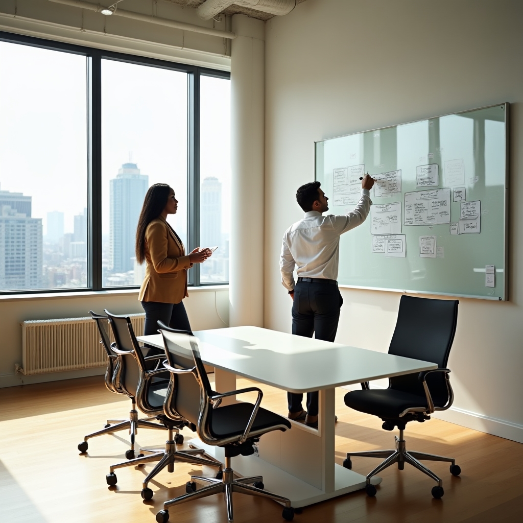 Bright modern consulting office in Chicago with large windows overlooking the city, warm afternoon light, two professionals in discussion