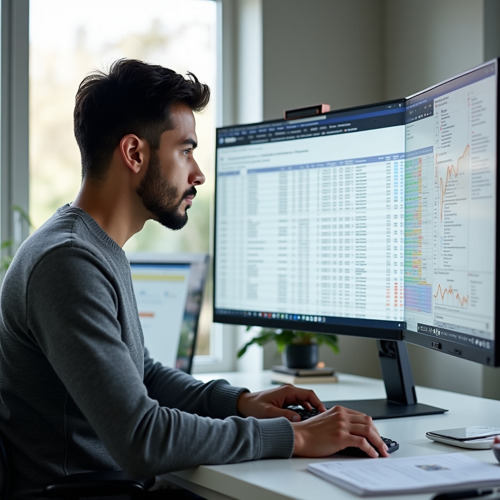 SEO specialist conducting content audit on a wide monitor with spreadsheet of page performance metrics